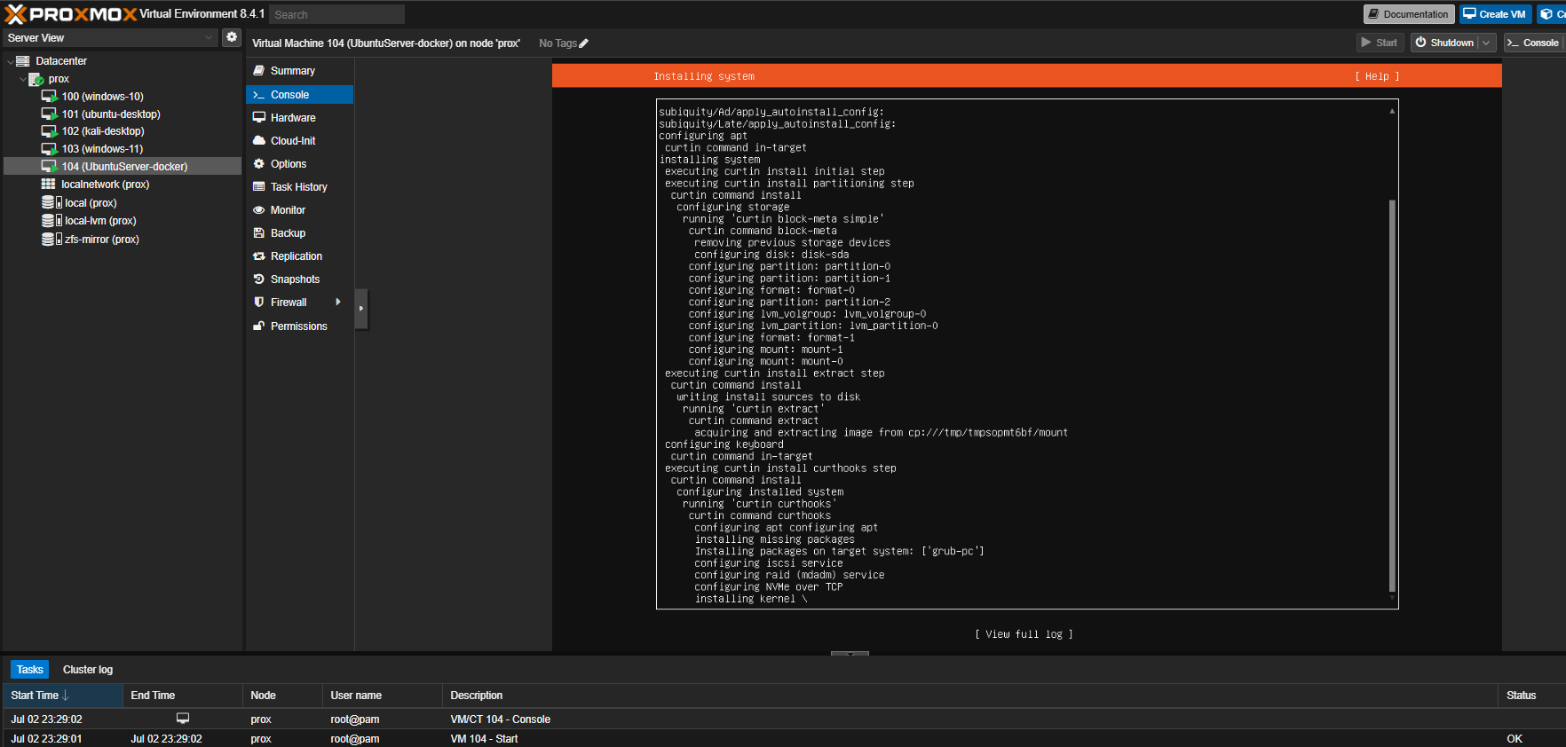 Ubuntu server installation process running
